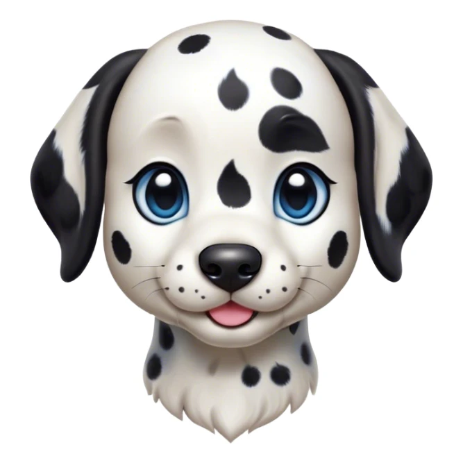 Cinematic Cute Harlequin Dalmatian Portrait Emoji, Head tilted playfully and inquisitively, featuring a glossy Fur of predominantly white with dynamic black patches, round, sparkling blue eyes filled with gentle curiosity, Simplified yet irresistibly adorable features, highly detailed, glowing with a warm, friendly glow, high shine, affectionate and gentle, stylized with a touch of whimsy, bright and endearing, soft glowing outline, capturing the essence of a mischievous yet loving pup, so playful it feels like it could lumber out of the screen and into your arms! sticker