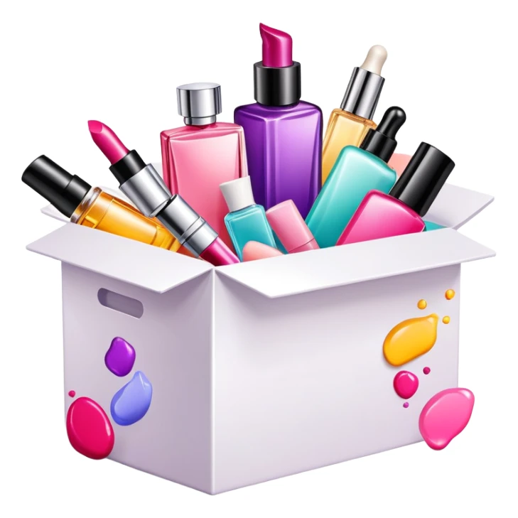 an opened box with colorful makeup, skincare bottles, and perfume spilling out sticker