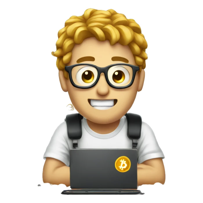 guy with bitcoin chain infront of a computer sticker