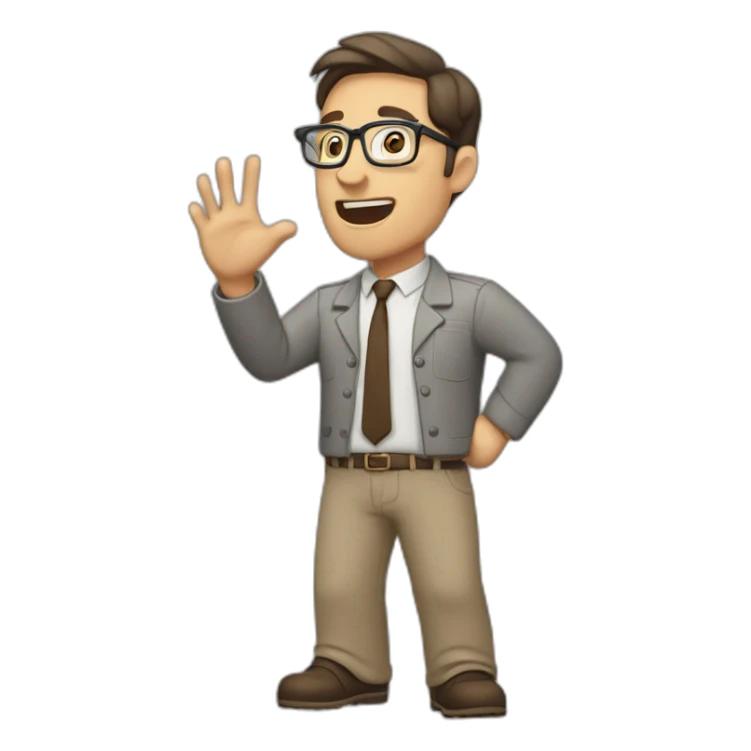 To belt Actively gesturing with hands 👌 Pale skinned fit man with dark brown hair in gray jacket, beige office shirt, brown tie, brown pants and vintage glasses. sticker