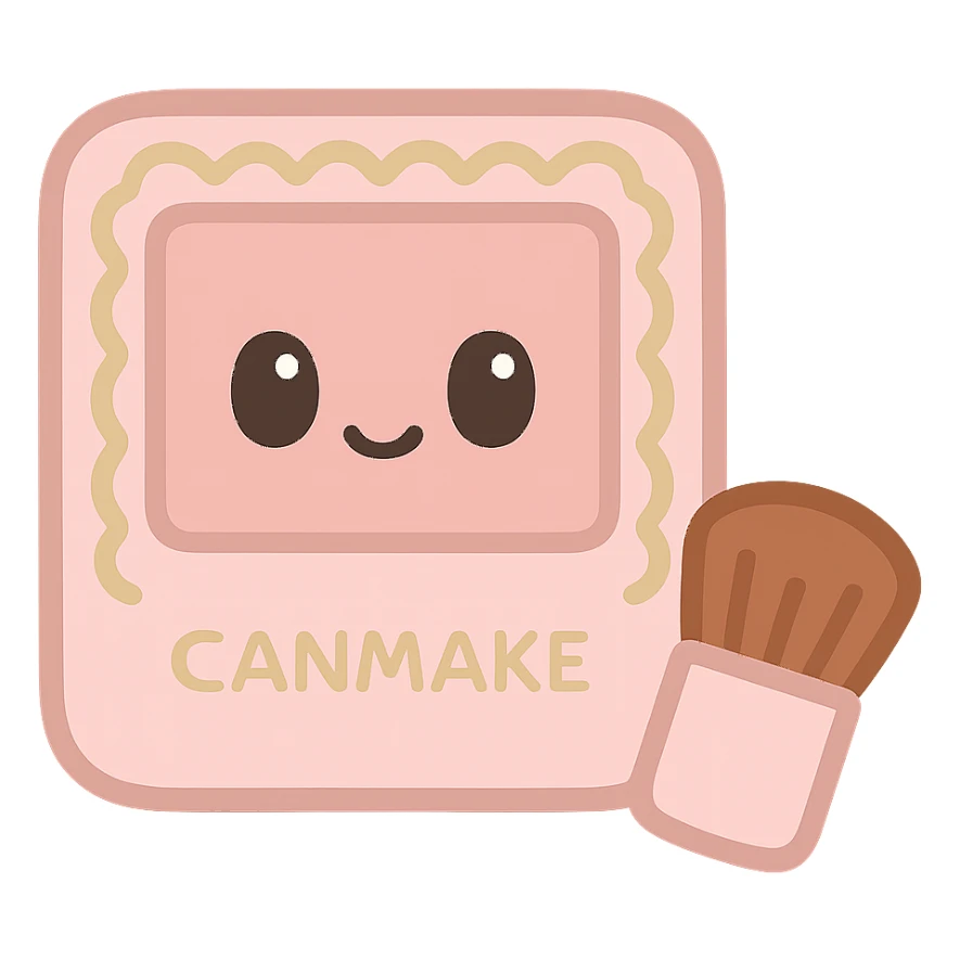 Canmake cosmetics inspired emoji, showing a compact blush with a tiny brush, pastel pinks and gold accents, kawaii style sticker