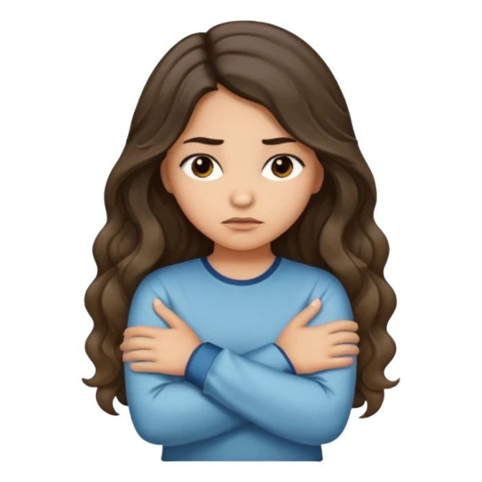 Hispanic light tan girl with long dark wavy hair with arms folded while pouting. Wearing a long sleeve. Hair with middle part. sticker