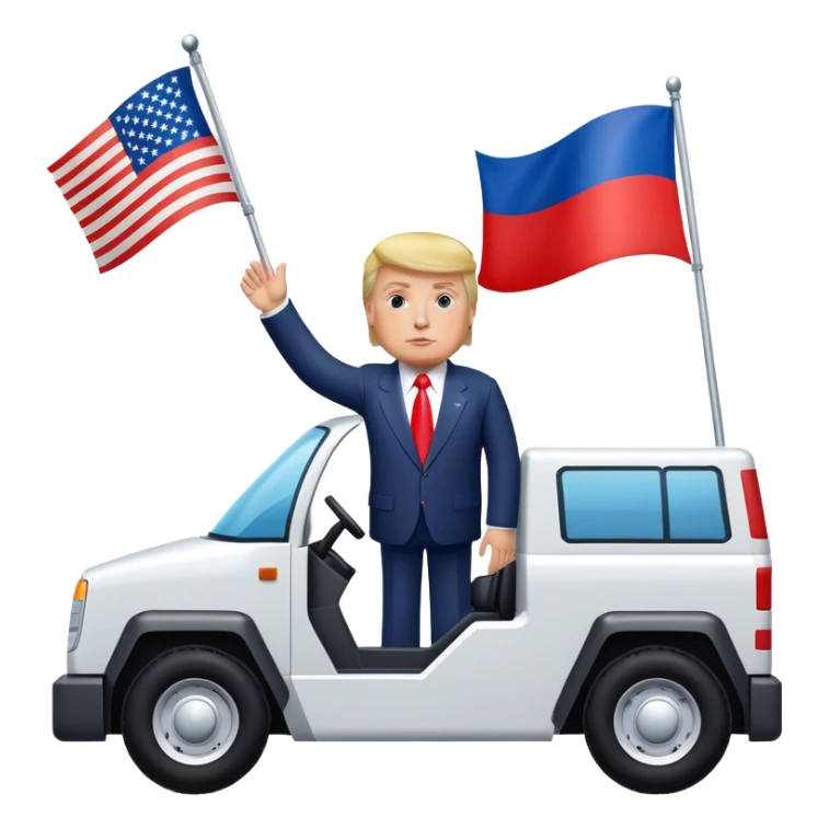 Donald trump driving a cybertruck waving a russian flag sticker