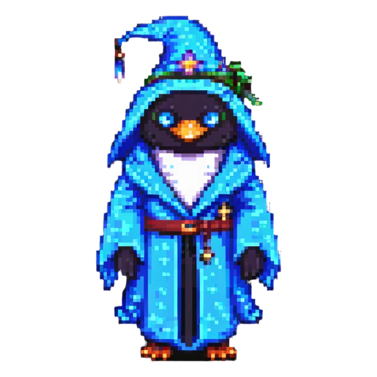 pixel art penguin wizard with a starry robe and glowing eyes sticker