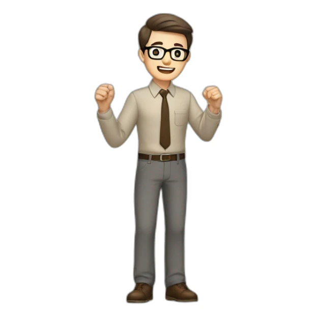 To belt Actively gesturing with hands Pale skinned fit man with dark brown hair in gray jacket, beige office shirt, brown tie, brown pants and vintage glasses. sticker