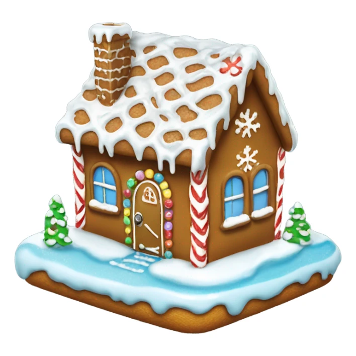 Gingerbread house with cute snowflakes on and dripping icing on to resemble snow and ice, with Windows and a door sticker