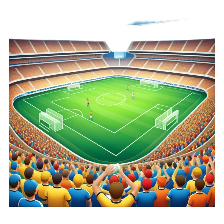 An icon featuring a large stadium with a football match in progress, players in action on the field, and a cheering crowd in the stands. Bright floodlights illuminate the pitch, creating an intense atmosphere of competition. The transparent background highlights the thrill of live sports events. sticker