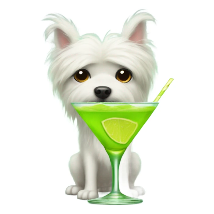 lime green fluffy dog with pointy ears and a martini sticker