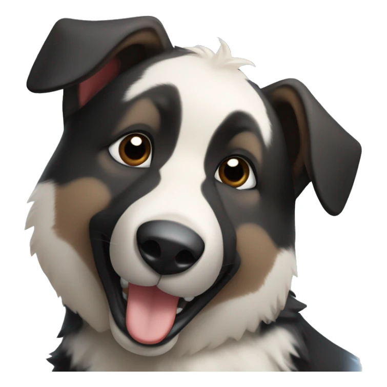 black and dark brown German shepherd with a white nose, with blue eyes, has a panda teddy in its mouth sticker