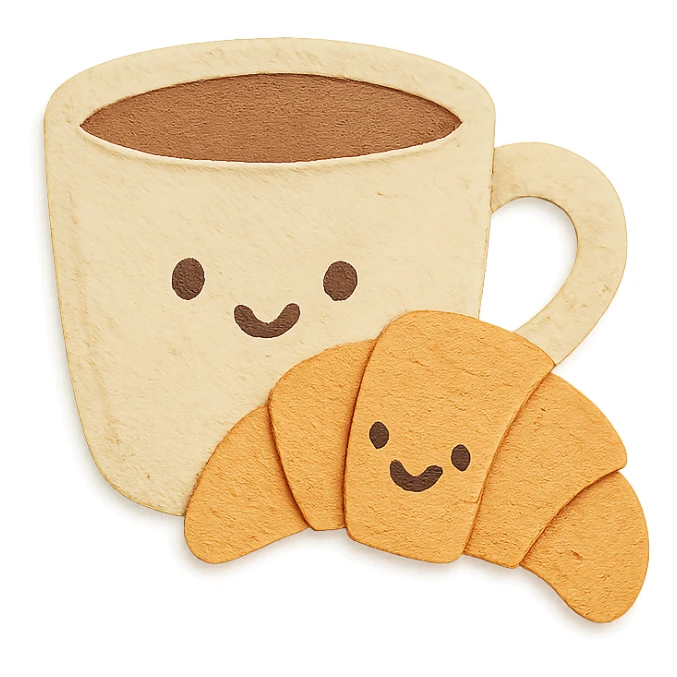 coffee cup with croissant character, soft pastel hand-drawn style, transparent background sticker
