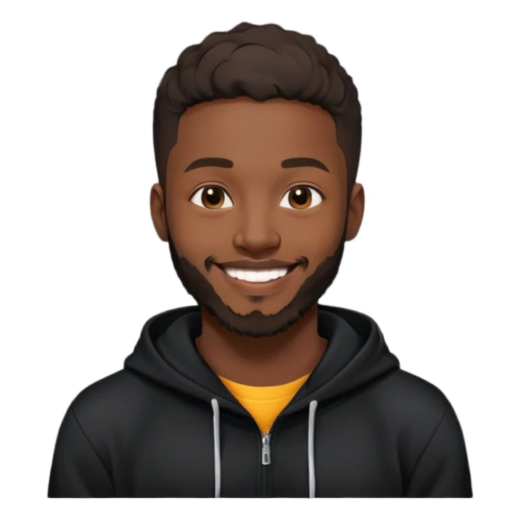 African yound man in his late 20s with a  bright smile with a short boxed beard, black hoody, and a low cut hair, looking like dvido sticker