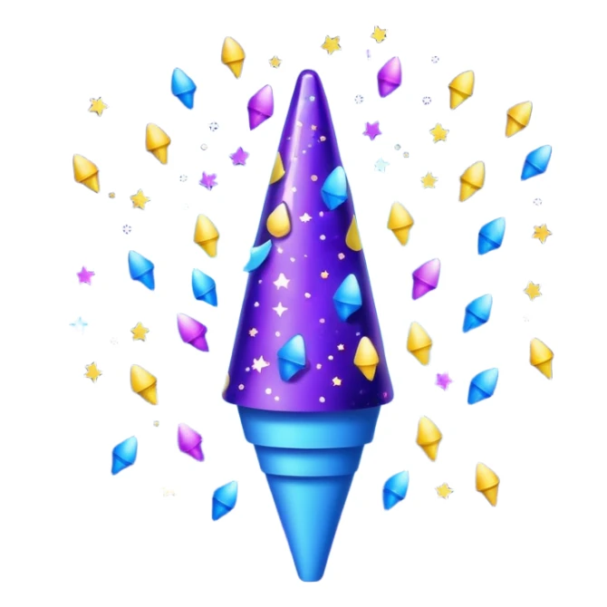 Emoji with glowing cone-shaped confetti popper, purple and blue colors emitting confetti and glitter, creating a bright festive atmosphere sticker