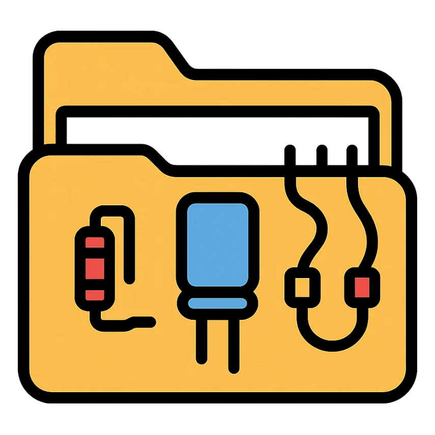 folder icon containing electric parts inventory with visible components like resistors, capacitors, and wires sticker
