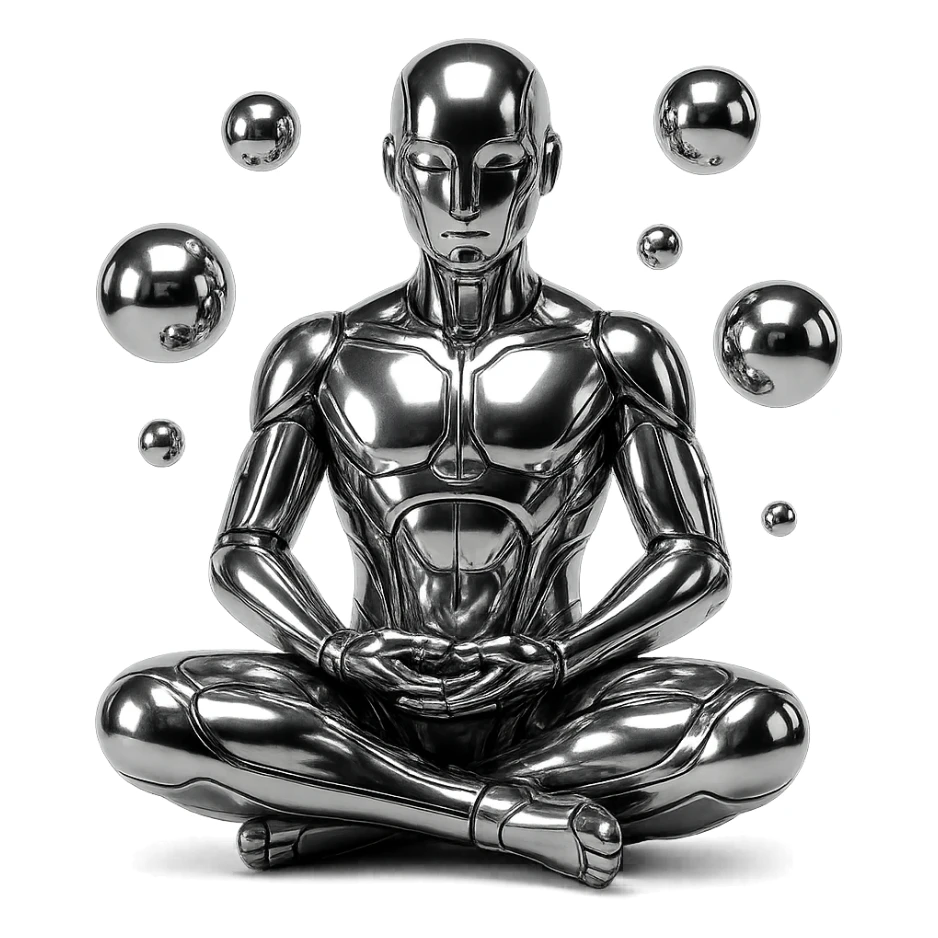 stylized chrome meditating figure with several shiny spheres orbiting around, futuristic and smooth sticker