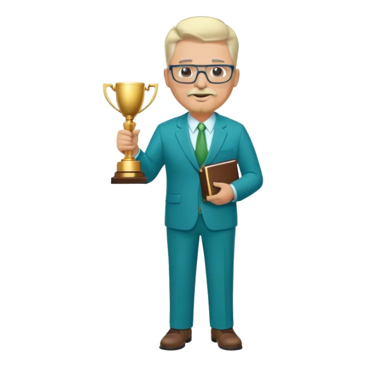 Full Body white middle aged male plus size wearing glasses with a goatee with light blonde and gray very short hair basketball head Coach in blue and green suit holding trophy sticker