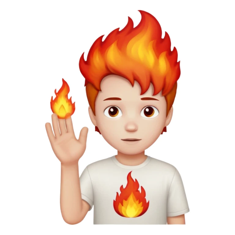 A boy with no hands fire instead made out of red fire and the boy is wearing a white shirt that has a sign that says FIRE CREATOR  sticker