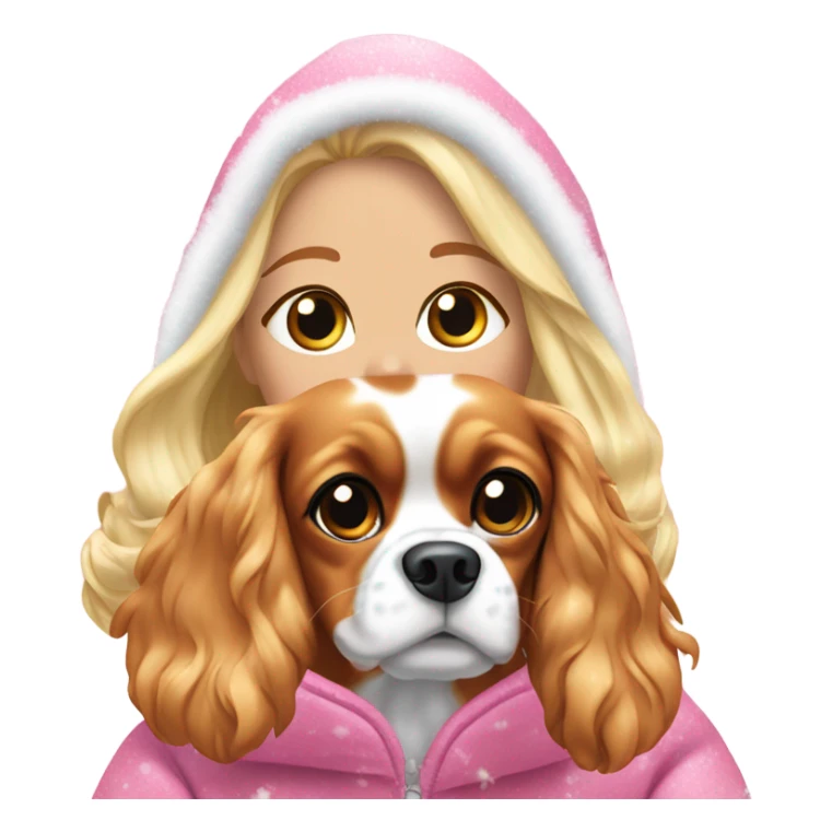 Blond in pink sparkly snow suit holding a cavalier King Charles while it’s snowing sticker