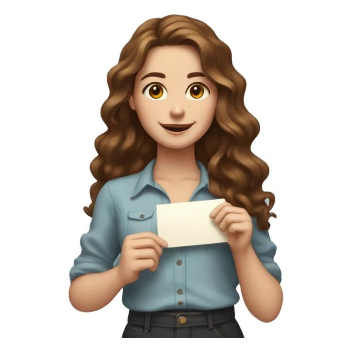 a young woman with wavy long brown hair. She has a friendly expression and is holding several ornate card sticker