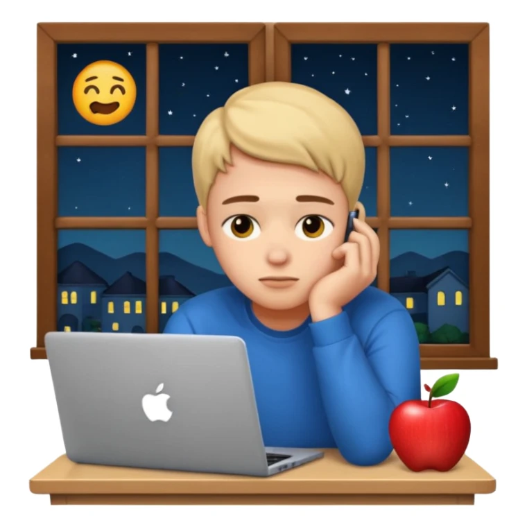 tired student with laptop, window at night behind, head resting on hand, apple style emoji sticker