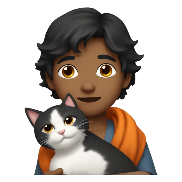 Black haired Indian boy with long fur orange and white cat cuddling sticker