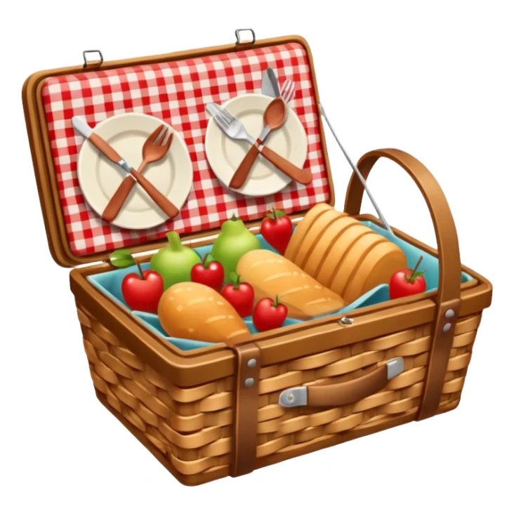 Picnic basket with red checkered cloth and filled with delicacies sticker