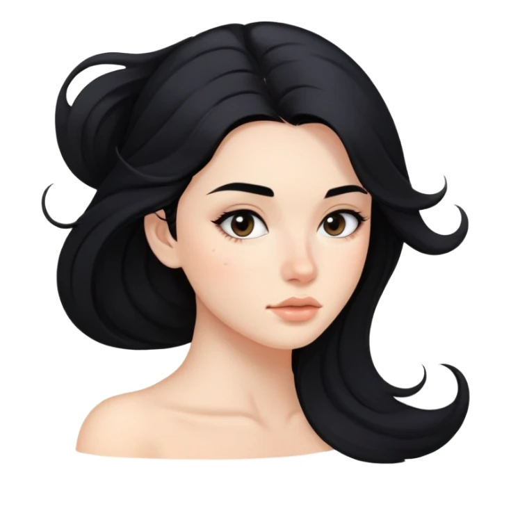 young woman with acne on face, flowing black hair and subtle makeup sticker