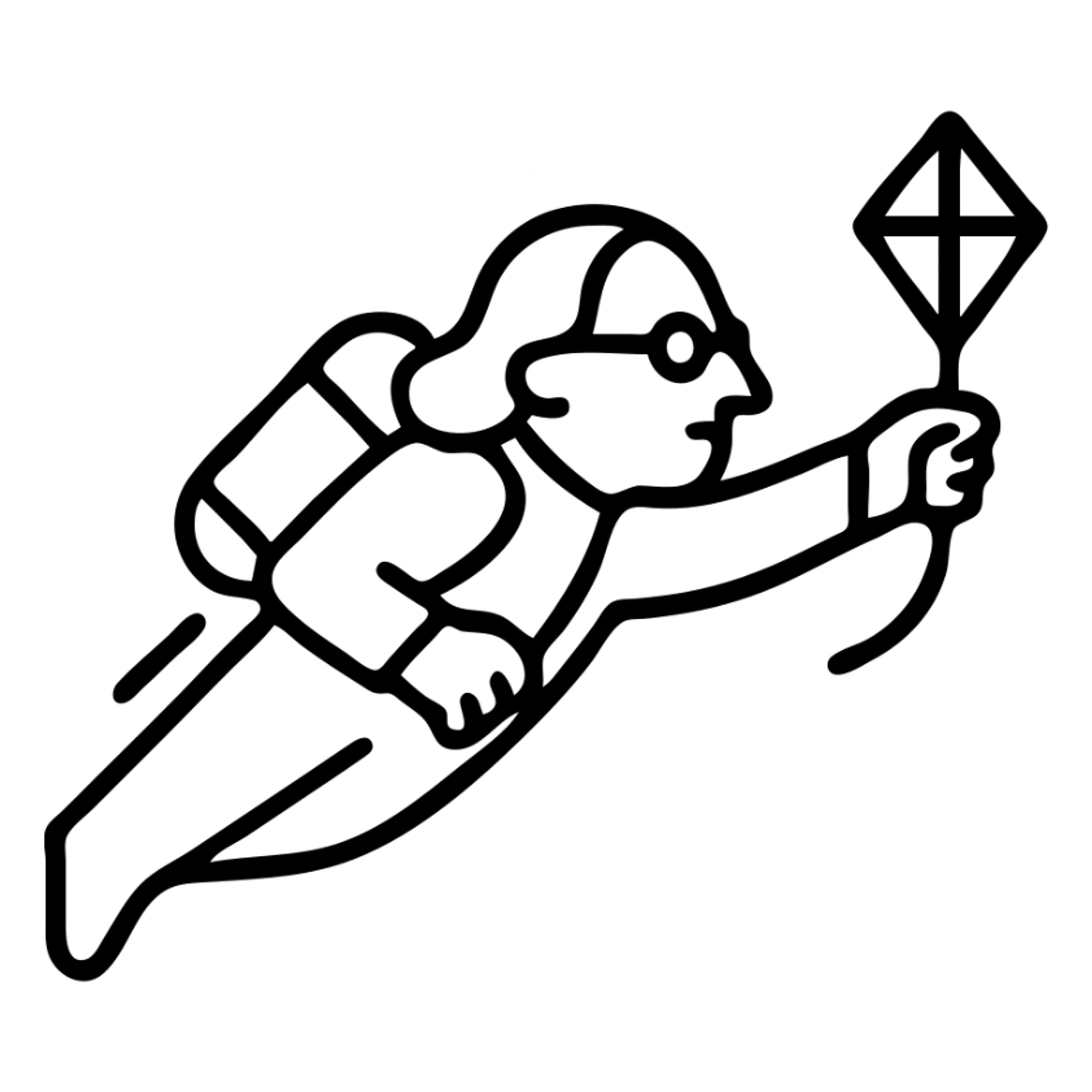 minimalist black outline icon of Ben Franklin flying with a jetpack, left hand holding a small diamond kite, right arm stretched forward as if soaring through the air, startup-vibe logo sticker