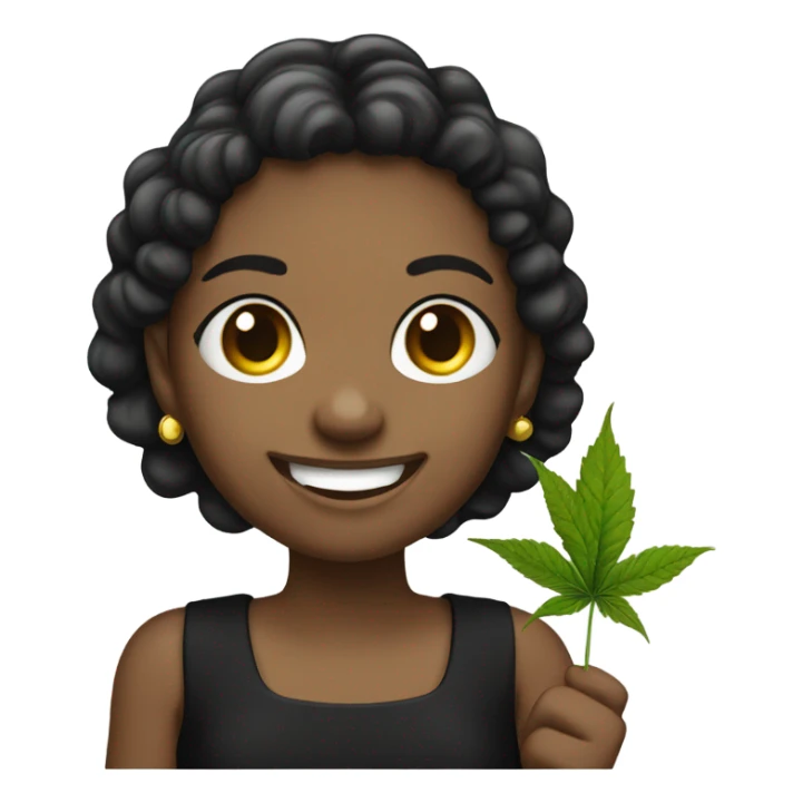 smiling girl in black dress with weed sticker