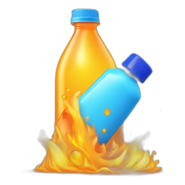 plastic bottle with blue cap, and detitle being SLAP in blue color with a yellowish cartoony fire on the background and the juice being orange sticker