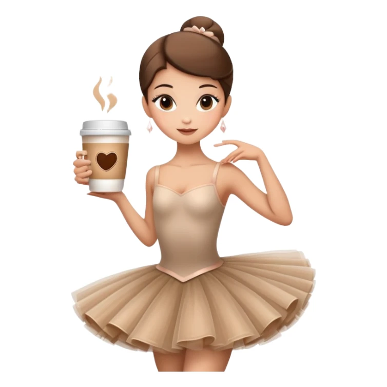 Elegant ballerina in a cappuccino-colored tutu, posing gracefully with a coffee cup sticker