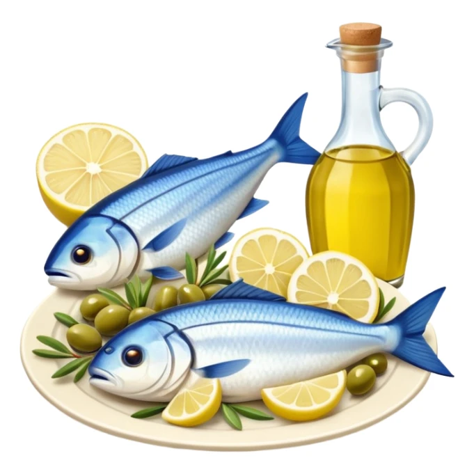 Mediterranean cuisine humanless avatar in clean emoji-style illustration. Olive oil, fish, lemon, blue and sunny colors, light and fresh mood, flat design, high contrast. sticker