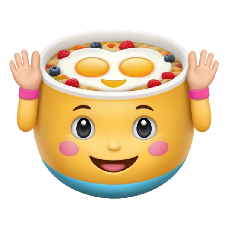 Setting breakfast Bowl with a Face and tiny Hands and tiny Feet and Sweat Bands ready for Fitness sticker