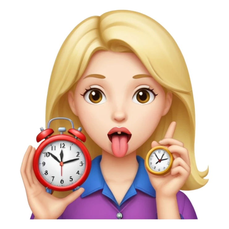 A girl with her tongue out holding a clock  sticker