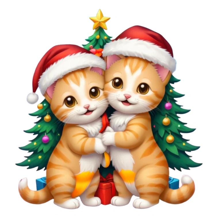 2 hazel eyed cute hugging laughing fluffy gold twin kittens with Santa hats by a colorful multicolored brightly lit up Christmas trees sticker