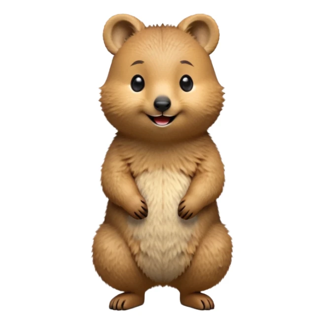 cinematic-quokka-realistic-full-body-standing-emoji,-small-round-frame-balanced-on-tiny-strong-hind-legs,giant fluffy cheeks large smile-fluffy-brown-fur-radiating-a-warm-softness,-big-round-eyes-filled-with-joy-and-innocence,-tiny-clawed-paws-held-close-to-chest,-cheerful-smile-exuding-endearing-happiness,-simplified-yet-realistic-focused-features,-highly-detailed,-glowing-with-a-sunny-warmth sticker