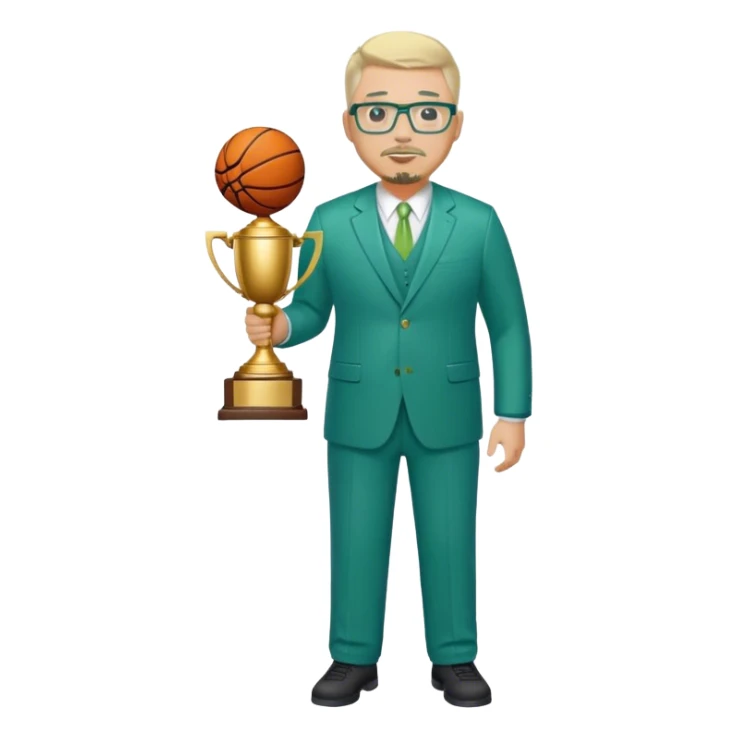 Full Body white fat male  wearing glasses with a goatee with light blonde gray very short hair basketball head Coach in blue and green suit holding trophy sticker