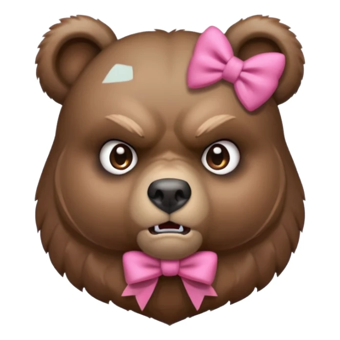 portrait bust-up of an angry bear wearing a pink bow sticker