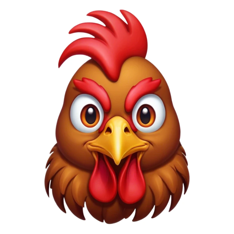 Cinematic Comical Brown Rooster Portrait Emoji, Head tilted dramatically with an exaggeratedly amused expression, featuring a striking, glossy brown plumage with a bold red comb, wide, expressive warm eyes filled with playful disbelief, Simplified yet hilariously expressive features, highly detailed, glowing with a slightly sassy glow, high shine, dramatic yet playful, stylized with an air of cheeky mischief, bright and endearing, soft glowing outline, capturing the essence of a spirited and over-the-top rooster, so meme-worthy it feels like it could crow its way into internet fame instantly! sticker