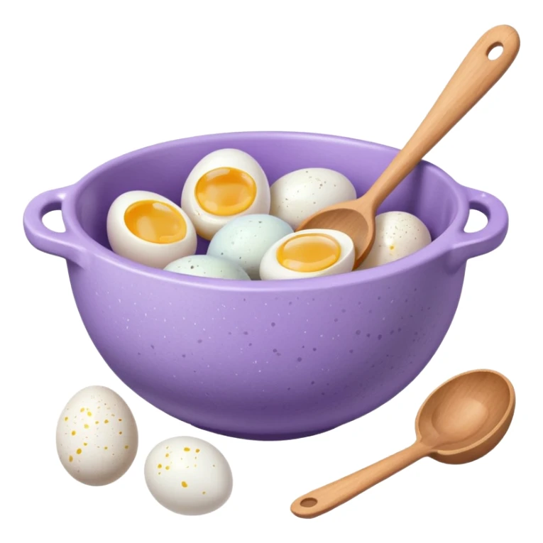 a lilac ceramic mixing bowl with a wooden spoon stirring and sitting next to it is a few eggs sticker