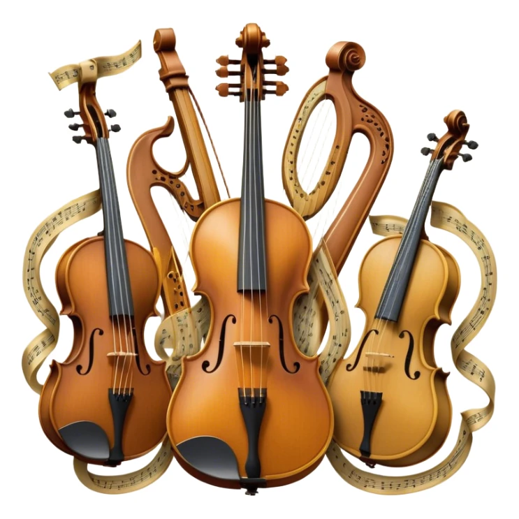 Create a sophisticated, festive, and professional emoji collage resembling a coat of arms, symbolizing string instruments. The design should feature several string instruments, such as a violin, cello, guitar, and harp, arranged in an elegant, balanced composition. Each instrument's neck (fingerboard) should intertwine with flowing musical notes, forming a ribbon-like structure that weaves through the instruments. The strings of the instruments should be emphasized, creating a dynamic and elegant effect. Use rich gold and silver accents to highlight the professional quality of the instruments, with deep wooden tones for the body of each instrument. Surround the instruments with a subtle border, resembling a heraldic crest, and add small decorative elements like laurel leaves or subtle flourishes. The background should be transparent to keep the design clean and polished. sticker