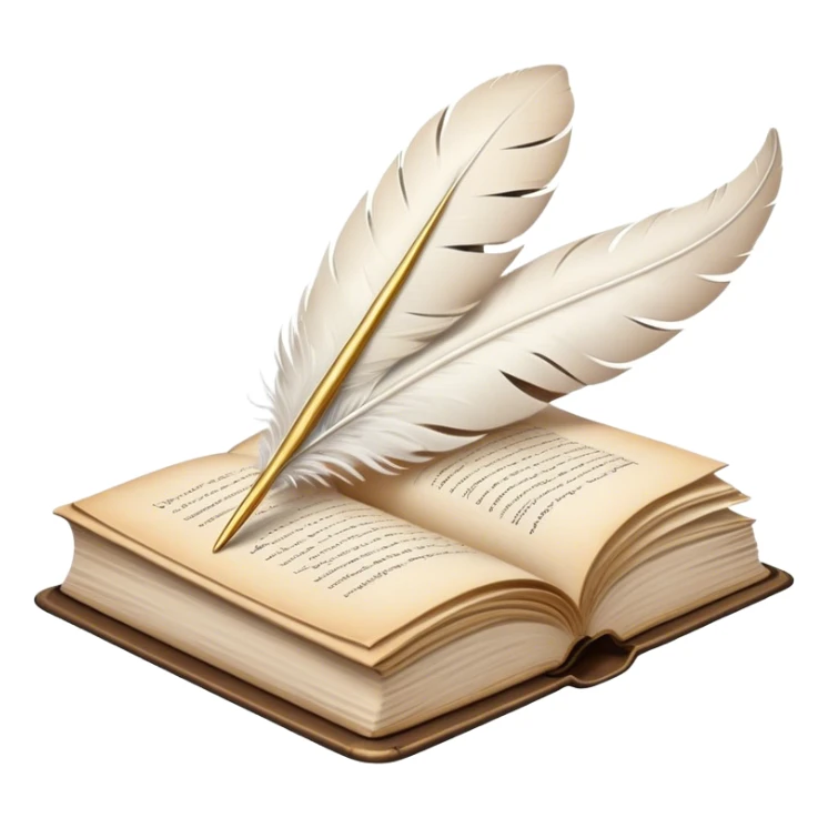 Create a poetic and elegant emoji representing poetry. The design should feature several vintage, gracefully flying pages with short, poetic columns written on them. A white feather quill should be depicted writing on one of the pages, with ink flowing smoothly. The pages should have a soft, antique look, with subtle details to convey the delicate nature of poetry. Use soft, light colors with a romantic, airy feel. Make the background transparent. sticker