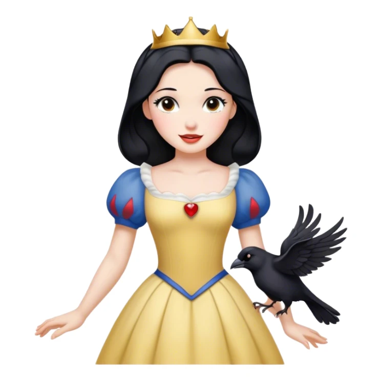 Cinematic Radiant Snow White Portrait Emoji, rendered in a realistic, vector style with clean proportions. Show Snow White with a soft, welcoming smile, delicate porcelain skin, and neatly arranged raven hair, wearing her timeless dress. The image radiates a warm, inviting glow, high shine, and is enhanced by a soft glowing outline that accentuates her gentle beauty. sticker