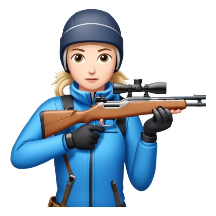 An icon showing a snowy landscape with pine trees, mountains, and a clear sky with a biathlete aiming a rifle in the foreground, wearing winter gear and skis. Transparent background emphasizes the precision, endurance, and beauty of this winter sport. sticker