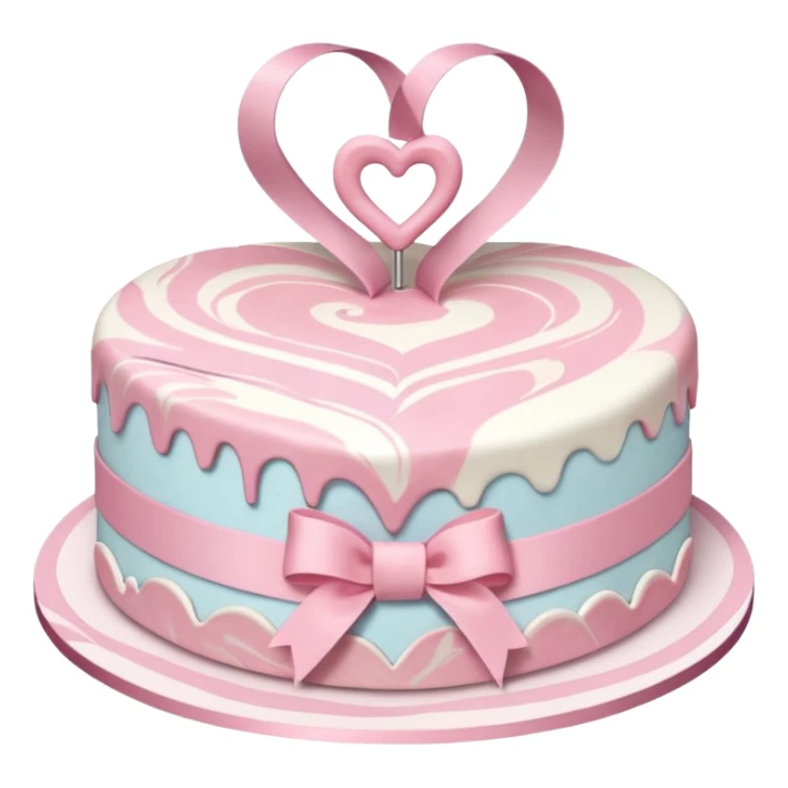 heart shaped birthday cake, pastel pink and white marbled, cute and simple, ribbon decoration, no candle sticker