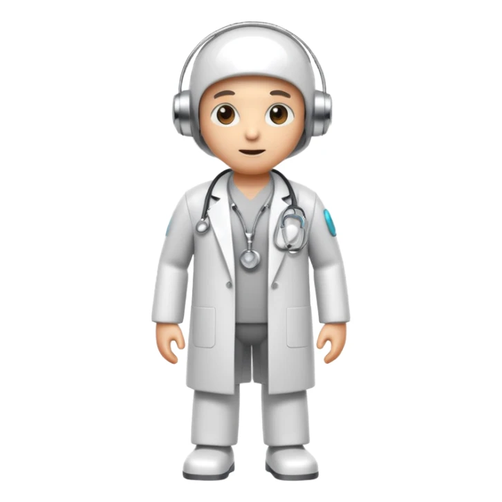 medical robot wearing a white coat and a stethoscope sticker