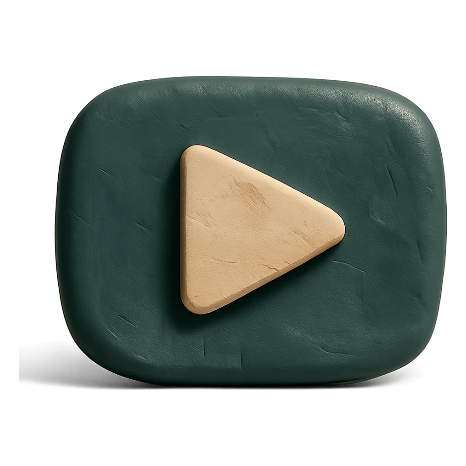YouTube logo, natural shape: rounded rectangle with dark green fill, play triangle light beige, minimalism, plasticine style sticker