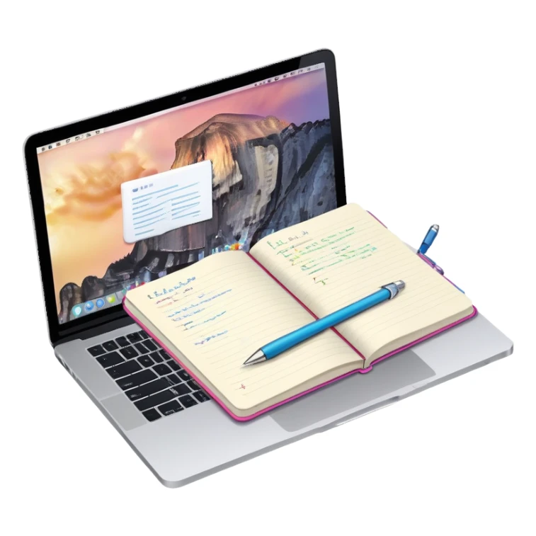 top view of a MacBook and a notebook with a pen nearby, notebook with visible notes sticker