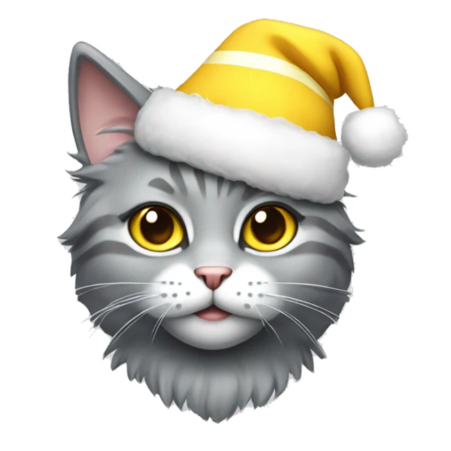cute fluffy grey cat with white stripe  yellow eyes Christmas hat sticker