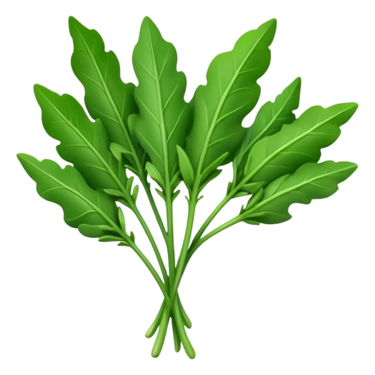 small bunch of fresh arugula leaves, deep green color, distinct jagged elongated shapes, slender stems, slightly curled surface, loosely arranged, no bowl or plate, soft lighting, subtle shadows, emoji scale sticker