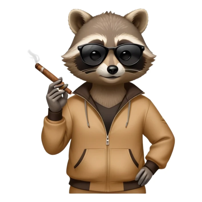 friendly anthropomorphised raccoon in a Sopranos-style mafia tracksuit, wearing dark sunglasses, holding a cigar, confident pose sticker